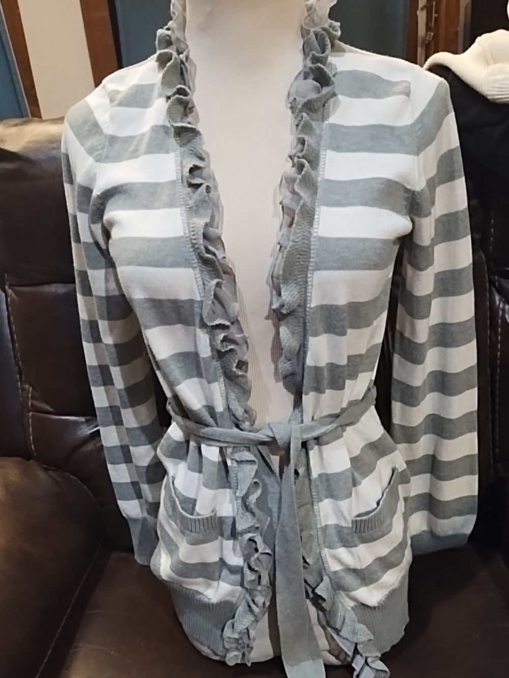 Epic Threads Striped Ruffle-Trim Belted Cardigan Sweater - Gray & White